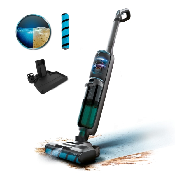 cecotec freego wash and vacuum spray fregona electrica 250w funcion aspirador autonomia 35min pantalla digital sistema autolimpieza depositos separados color negro y azul