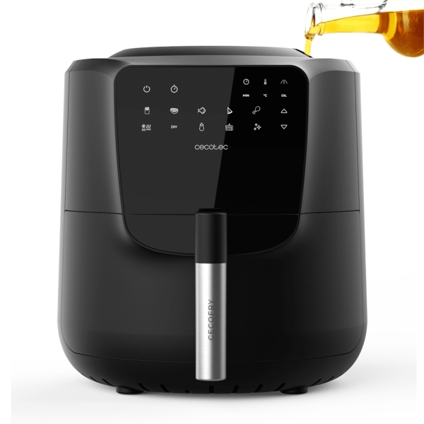 cecotec cecofry rainm freidora sin aceite 1550w autodosificador de aceite capacidad 5.5l panel multifuncion 8 menus preconfigurados funcion autolimpieza rejilla de seguridad color negro