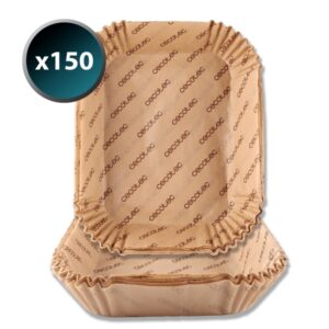 cecotec cecofry bigbucket pack de 150 papeles para freidora de aire de 9 a 11l rectangular resiste hasta 230°c listo para usar facilita limpieza de cubeta 31x27x6.5cm color marron