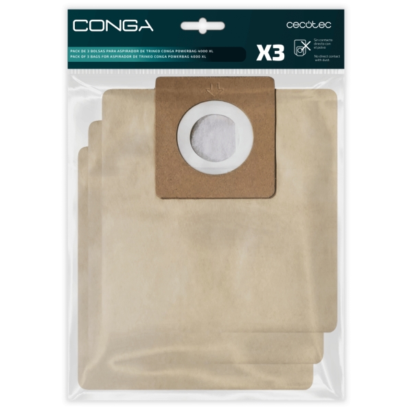 cecotec pack de 3 bolsas de recambio para conga powerbag 4000 xl alta capacidad de filtracion faciles de instalar material resistente mantiene la succion eficiente color marron