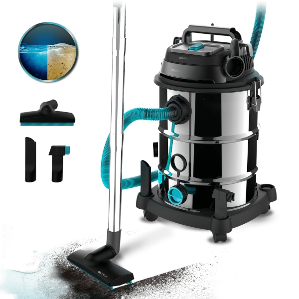 cecotec conga rockstar wet and dry steel pro aspirador de trineo para solidos y liquidos 1600w deposito 30l funcion de soplado filtros duales ruedas de goma acero inoxidable