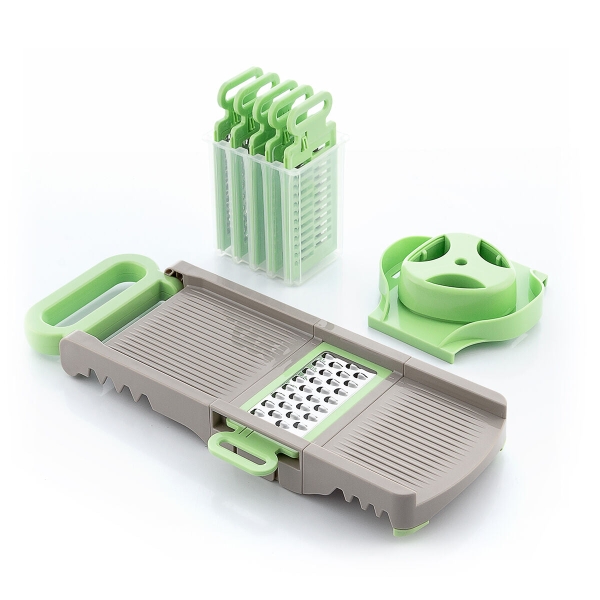 innovagoods choppie mandolina 6 en 1 con rallador plegable multifuncion incluye accesorios facil limpieza compacto y ligero seguro 14.5x14x16cm color verde y gris