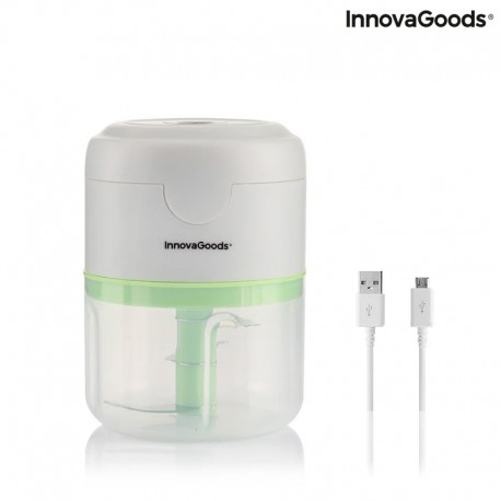innovagoods echoppie mini picadora recargable potencia 40w capacidad 250ml cuchillas de acero inoxidable bateria de 1300mah velocidad de 30.000rpm color gris, verde y transparente