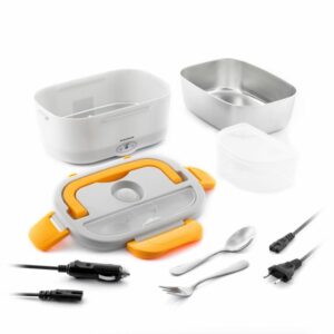innovagoods lunffi fiambrera electrica capacidad 1.5l temperatura hasta 90°c potencia 60w cables extraibles recipiente de acero inoxidable tapa con valvula color naranja y blanco