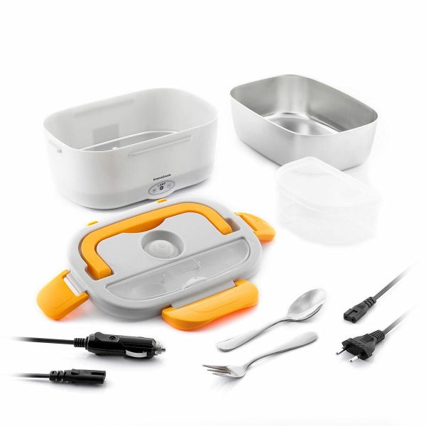 innovagoods lunffi fiambrera electrica capacidad 1.5l temperatura hasta 90°c potencia 60w cables extraibles recipiente de acero inoxidable tapa con valvula color naranja y blanco