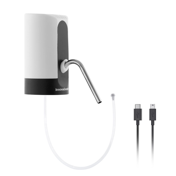 innovagoods dispensador de agua automatico libre de bpa recargable usb compatible con garrafas incluye adaptador bateria 1200mah 7x13x16cm color blanco y negro