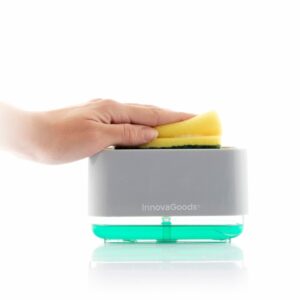 innovagoods pushoap dispensador de jabon 2 en 1 capacidad 330ml abs y poliestireno multifuncion antibacteriano contenedor transparente 13.7x7.5x9.7cm color gris