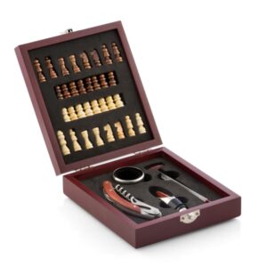 innovagoods set de 5 accesorios para vino con juego de ajedrez completo material madera y acero inoxidable ideal para regalar 15x5x17cm color marron