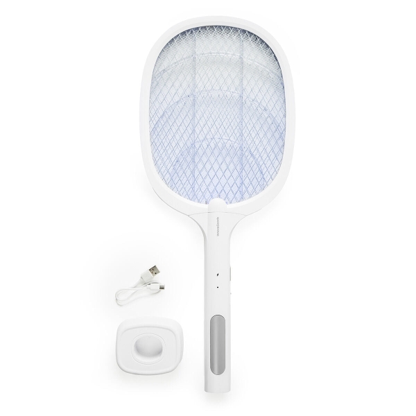 innovagoods elecfly raqueta matainsectos recargable con luz uv 2 en 1 funcion lampara 3000 voltios bateria de 500mah antidescargas accidentales 3.3x52.5x21.6cm color blanco