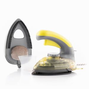 innovagoods velyron mini plancha de viaje 2 en 1 potencia 800w cabezal quitapelusas regulable de 80 a 200°c capacidad 80ml incluye accesorios mango giratorio color amarillo