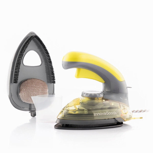 innovagoods velyron mini plancha de viaje 2 en 1 potencia 800w cabezal quitapelusas regulable de 80 a 200°c capacidad 80ml incluye accesorios mango giratorio color amarillo