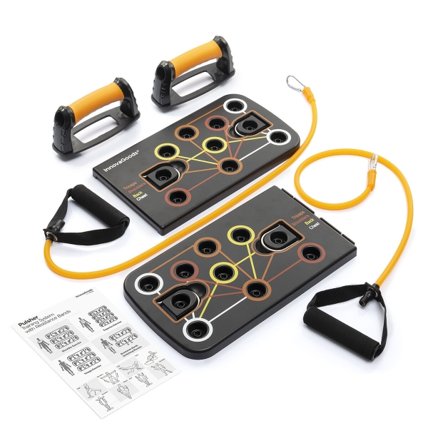 innovagoods pulsher set de entrenamiento con bandas de resistencia guia de ejercicios desmontable antideslizante soporta hasta 100kg 67x19x2cm color negro y amarillo