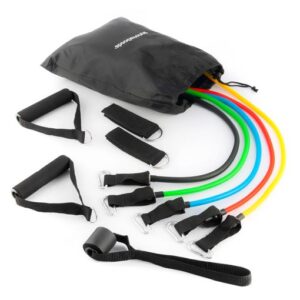 innovagoods rebainer set de 5 bandas de resistencia con accesorios resistencia ajustable guia de ejercicios portatil mangos de espuma accesorios incluidos colores segun nivel 