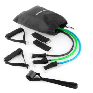innovagoods tribainer set de 3 bandas de resistencia con accesorios resistencia ajustable guia de ejercicios portatil mangos de espuma mosquetones metalicos colores segun nivel 