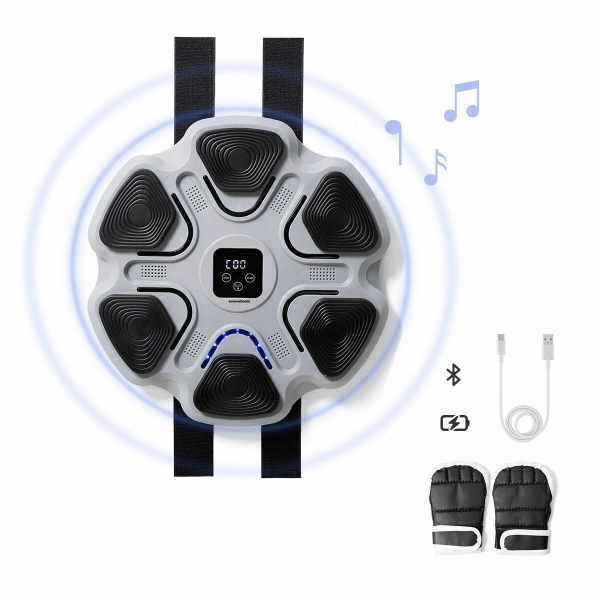 innovagoods beatfist maquina de boxeo musical con 6 paneles bluetooth pantalla digital luces led guantes incluidos 9 velocidades 37.5x37.5x5cm color gris y negro