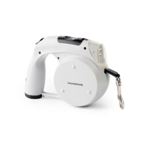 innovagoods leashic correa retractil 6 en 1 luz led reloj compartimento de bolsas y comida bebedero extension hasta 4m apto hasta 35kg incluye bolsas 18x13.5x7.5cm color gris y negro