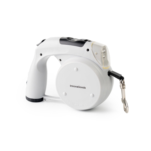 innovagoods leashic correa retractil 6 en 1 luz led reloj compartimento de bolsas y comida bebedero extension hasta 4m apto hasta 35kg incluye bolsas 18x13.5x7.5cm color gris y negro