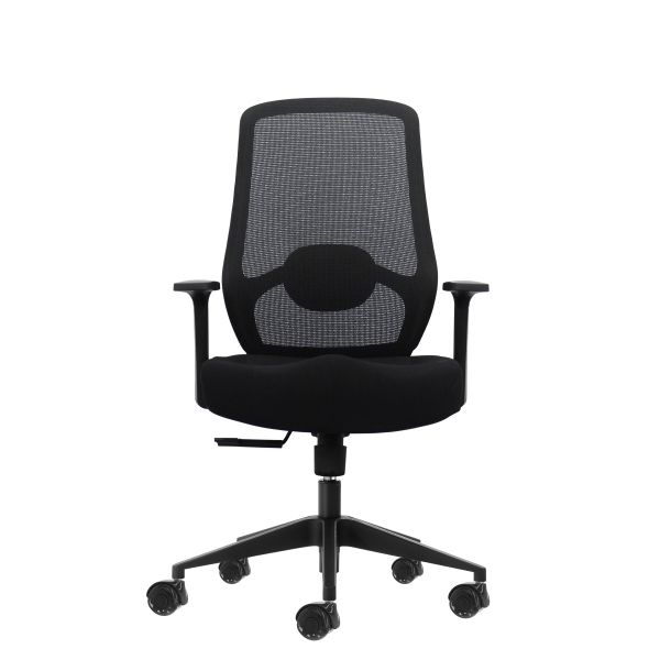oqonos cherg 001 silla de oficina ergonomica con soporte lumbar ajustable en altura y profundidad, respaldo de malla transpirable, reposabrazos fijos, asiento ergonomico moldeado y ruedas de silicona negro