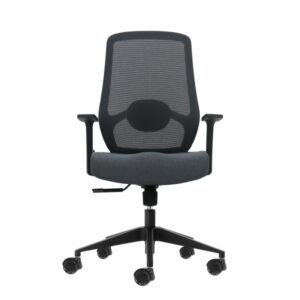 oqonos cherg 002 silla de oficina ergonomica con soporte lumbar ajustable en altura y profundidad, respaldo de malla transpirable, reposabrazos fijos, asiento ergonomico moldeado y ruedas de silicona gris con estructura negra