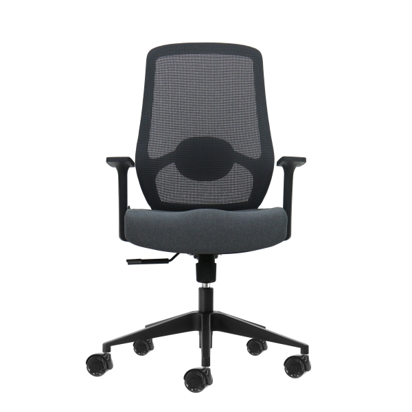 oqonos cherg 002 silla de oficina ergonomica con soporte lumbar ajustable en altura y profundidad, respaldo de malla transpirable, reposabrazos fijos, asiento ergonomico moldeado y ruedas de silicona gris con estructura negra