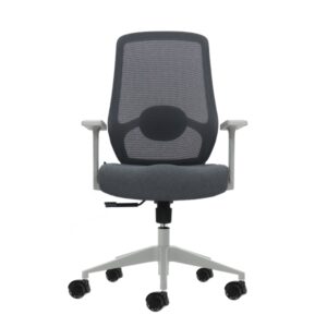 oqonos cherg 003 silla de oficina ergonomica con soporte lumbar ajustable en altura y profundidad, respaldo de malla transpirable, reposabrazos fijos, asiento ergonomico moldeado y ruedas de silicona gris