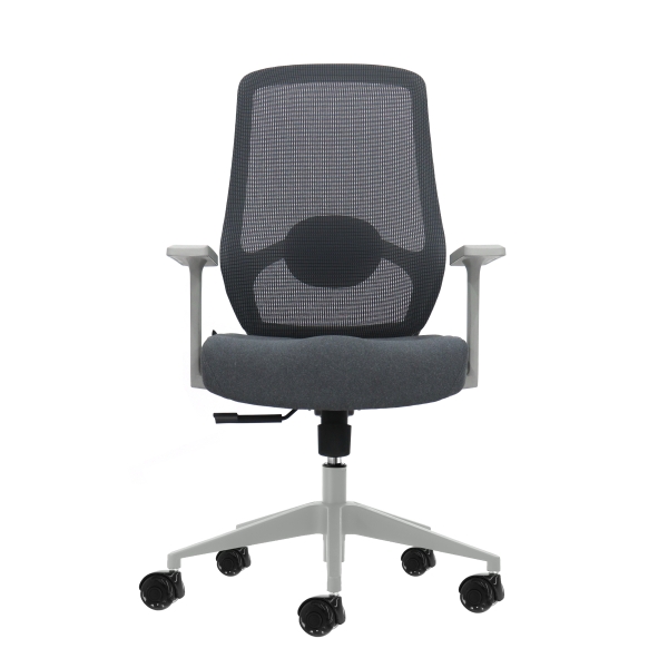 oqonos cherg 003 silla de oficina ergonomica con soporte lumbar ajustable en altura y profundidad, respaldo de malla transpirable, reposabrazos fijos, asiento ergonomico moldeado y ruedas de silicona gris