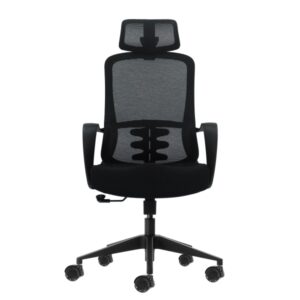 oqonos cherg 004 silla de oficina ergonomica con reposacabezas cervical ajustable, respaldo de malla transpirable, piston de gas clase 4, soporte lumbar, reposabrazos fijos, asiento ergonomico moldeado y ruedas de silicona negro
