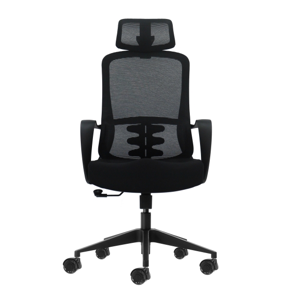 oqonos cherg 004 silla de oficina ergonomica con reposacabezas cervical ajustable, respaldo de malla transpirable, piston de gas clase 4, soporte lumbar, reposabrazos fijos, asiento ergonomico moldeado y ruedas de silicona negro