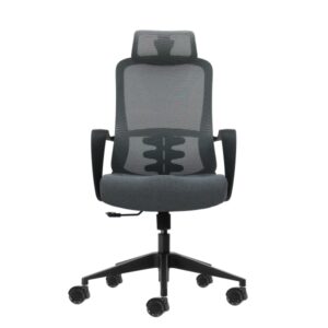 oqonos cherg 005 silla de oficina ergonomica con reposacabezas cervical ajustable, respaldo de malla transpirable, piston de gas clase 4, soporte lumbar, reposabrazos fijos, asiento ergonomico moldeado y ruedas de silicona gris con estructura negra