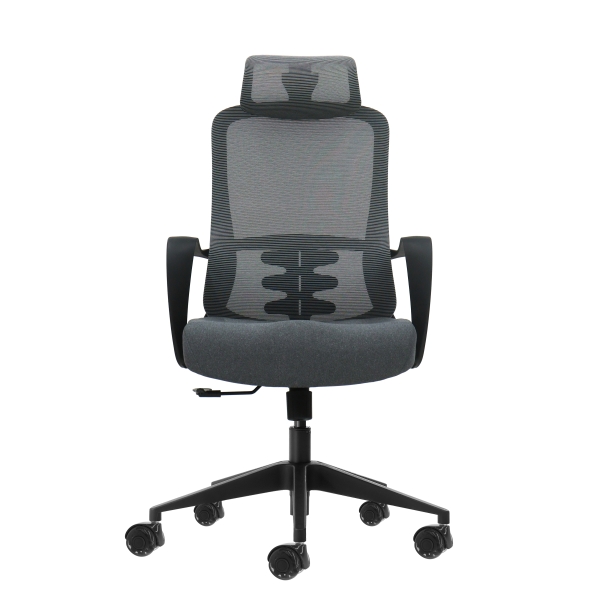 oqonos cherg 005 silla de oficina ergonomica con reposacabezas cervical ajustable, respaldo de malla transpirable, piston de gas clase 4, soporte lumbar, reposabrazos fijos, asiento ergonomico moldeado y ruedas de silicona gris con estructura negra