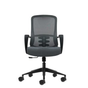 oqonos cherg 007 silla de oficina ergonomica con respaldo de malla transpirable, piston de gas clase 4, soporte lumbar, reposabrazos fijos, asiento ergonomico moldeado y ruedas de silicona gris con estructura negra
