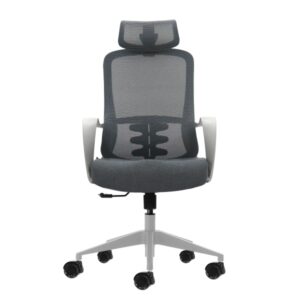 oqonos cherg 008 silla de oficina ergonomica con reposacabezas cervical ajustable, respaldo de malla transpirable, piston de gas clase 4, soporte lumbar, reposabrazos fijos, asiento ergonomico moldeado y ruedas de silicona gris