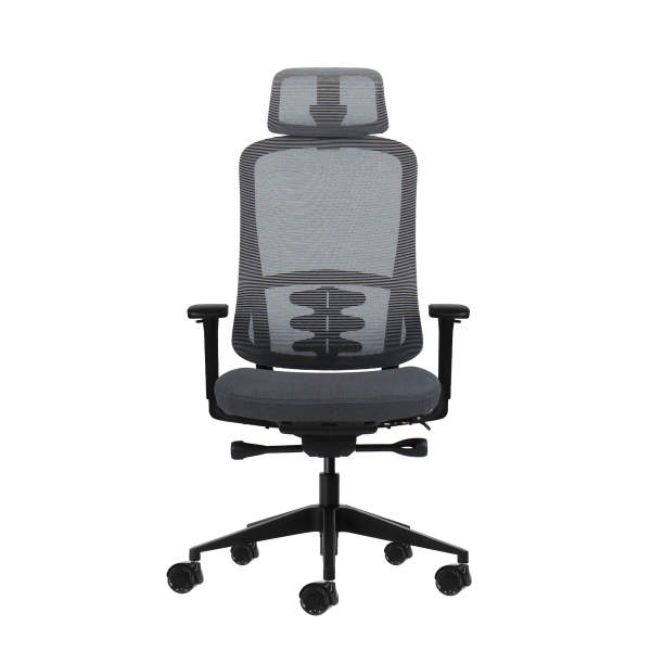 oqonos cherg 019 silla de oficina ergonomica con reposacabezas cervical ajustable, mecanismo autobalanceado, reposabrazos 4d, asiento deslizable y ruedas de silicona gris con estructura negra