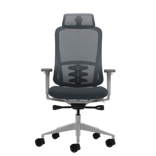 oqonos cherg 022 silla de oficina ergonomica con reposacabezas cervical ajustable, mecanismo autobalanceado, reposabrazos 4d, asiento deslizable y ruedas de silicona gris