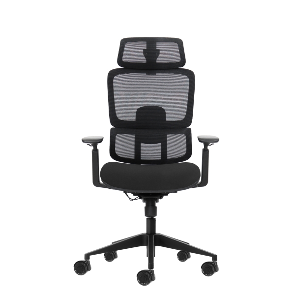 oqonos cherg 027 silla de oficina ergonomica con reposacabezas cervical ajustable, respaldo y asiento de malla elastica, respaldo regulable en altura, lumbar ajustable, reposabrazos 4d y ruedas de silicona negro
