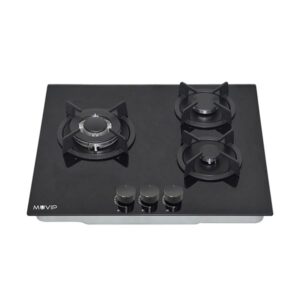 muvip mv0626 cocina de gas encastrable 3 zonas de coccion quemador y soportes de hierro fundido cristal templado de alta resistencia sistema de encendido electrico dispositivo de seguridad apagado de llama