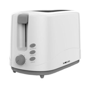 muvip mv0643 tostadora de pan 750w capacidad para 2 rebanadas 6 niveles de tostado boton de cancelacion funcion descongelar y recalentar bandeja inferior extraible para limpieza
