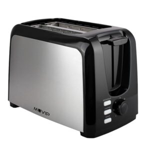 muvip mv0621 tostadora de pan 750w capacidad para 2 rebanadas 7 niveles de tostado boton de cancelacion funcion descongelar y recalentar funcion de centrado bandeja inferior extraible para limpieza