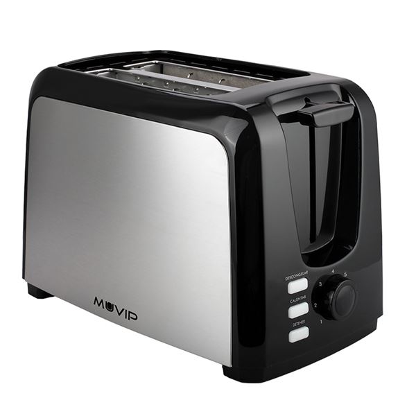 muvip mv0621 tostadora de pan 750w capacidad para 2 rebanadas 7 niveles de tostado boton de cancelacion funcion descongelar y recalentar funcion de centrado bandeja inferior extraible para limpieza