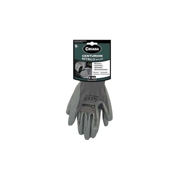 cegasa centurion guantes de trabajo talla 10 fabricados en nylon con recubimiento de nitrilo en palma y dedos color gris