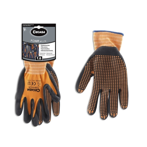 cegasa guantes de trabajo talla 8 fabricados en nylon con recubimiento de foam con dots de nitrilo en palma color negro/naranja