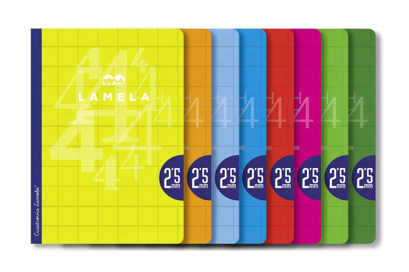 lamela pack de 10 libretas grapadas con 50 hojas de 90g/m2 con margen formato a4 pauta cuadrovia de 2.5mm cubierta de cartoncillo plastificado papel offset blanco extra colores surtidos