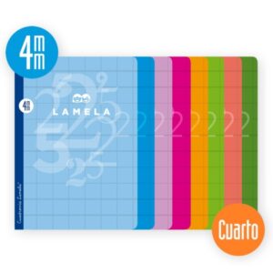 lamela pack de 10 libretas grapadas con 50 hojas de 70g/m2 con margen formato cuarto pauta cuadrovia de 4mm cubierta de cartoncillo plastificado papel offset blanco extra colores surtidos