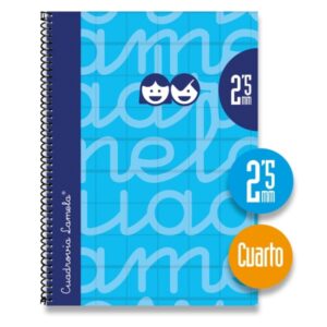 lamela cuaderno espiral con 80 hojas de 70g/m2 con margen formato cuarto pauta cuadrovia de 2.5mm cubierta extra dura papel offset blanco extra color azul