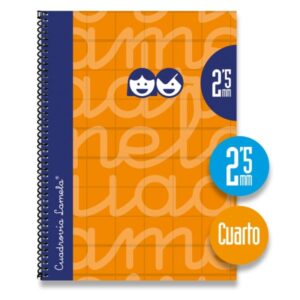 lamela cuaderno espiral con 80 hojas de 70g/m2 con margen formato cuarto pauta cuadrovia de 2.5mm cubierta extra dura papel offset blanco extra color naranja