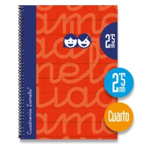 lamela cuaderno espiral con 80 hojas de 70g/m2 con margen formato cuarto pauta cuadrovia de 2.5mm cubierta extra dura papel offset blanco extra color rojo