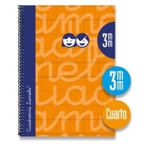lamela cuaderno espiral con 80 hojas de 70g/m2 con margen formato cuarto pauta cuadrovia de 3mm cubierta extra dura papel offset blanco extra color naranja