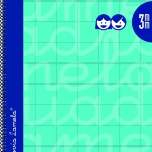 lamela cuaderno espiral con 80 hojas de 90g/m2 con margen formato cuarto pauta cuadrovia de 3mm cubierta extra dura papel offset blanco extra color turquesa