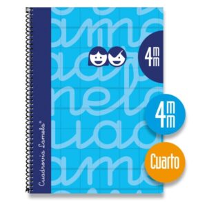 lamela cuaderno espiral con 80 hojas de 70g/m2 con margen formato cuarto pauta cuadrovia de 4mm cubierta extra dura papel offset blanco extra color azul