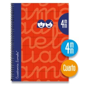 lamela cuaderno espiral con 80 hojas de 70g/m2 con margen formato cuarto pauta cuadrovia de 4mm cubierta extra dura papel offset blanco extra color rojo